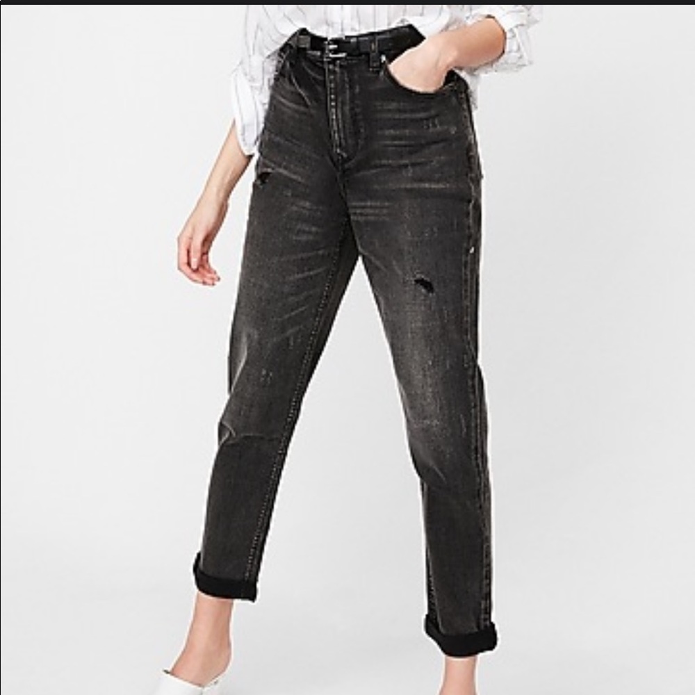 Express High Waisted Black Distressed Girlfriend Jeans